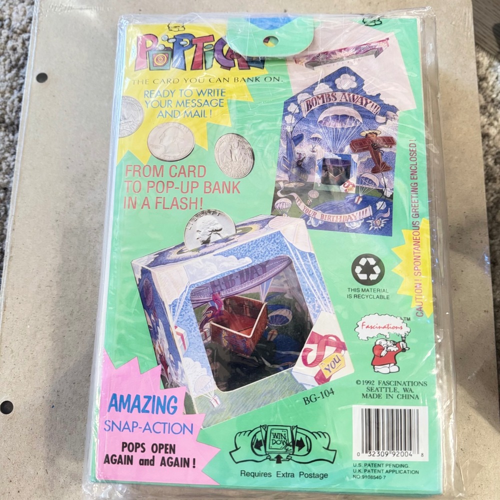 New Vintage 1992 POPTICALES Pop-Up Birthday Card Coin Bank Bombs Away BG-104 NEW